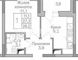 1-комнатная квартира, 29.1 м2