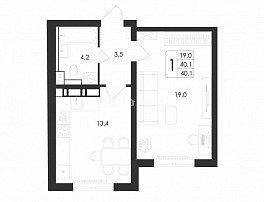 1-комнатная квартира, 40.1 м2