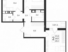 2-комнатная квартира, 65.6 м2