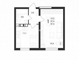 1-комнатная квартира, 37.4 м2