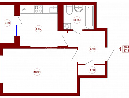 1-комнатная квартира, 37.81 м2