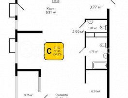 1-комнатная квартира, 64.23 м2