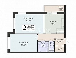 2-комнатная квартира, 56.55 м2