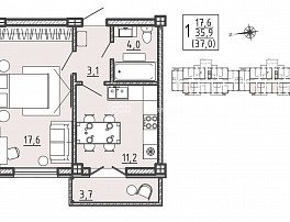 1-комнатная квартира, 36.6 м2
