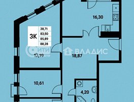 3-комнатная квартира, 85.34 м2