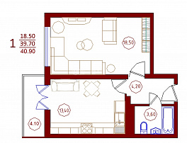 1-комнатная квартира, 40.9 м2