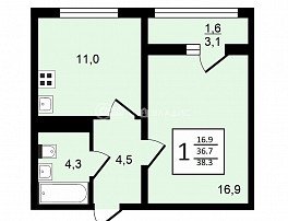 1-комнатная квартира, 38.3 м2