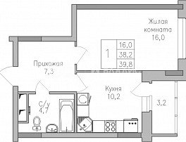 1-комнатная квартира, 39.8 м2