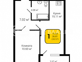 1-комнатная квартира, 38.57 м2