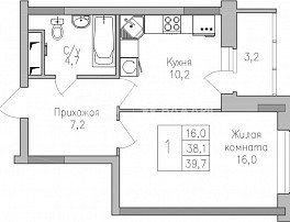 1-комнатная квартира, 39.7 м2