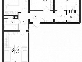 3-комнатная квартира, 76.1 м2