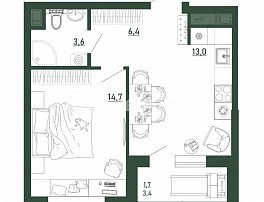 1-комнатная квартира, 39.5 м2