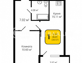 1-комнатная квартира, 38.57 м2