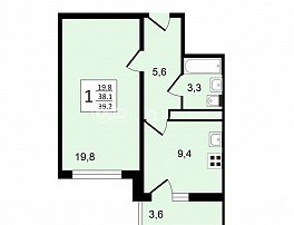 1-комнатная квартира, 39.2 м2