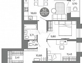 3-комнатная квартира, 59.29 м2