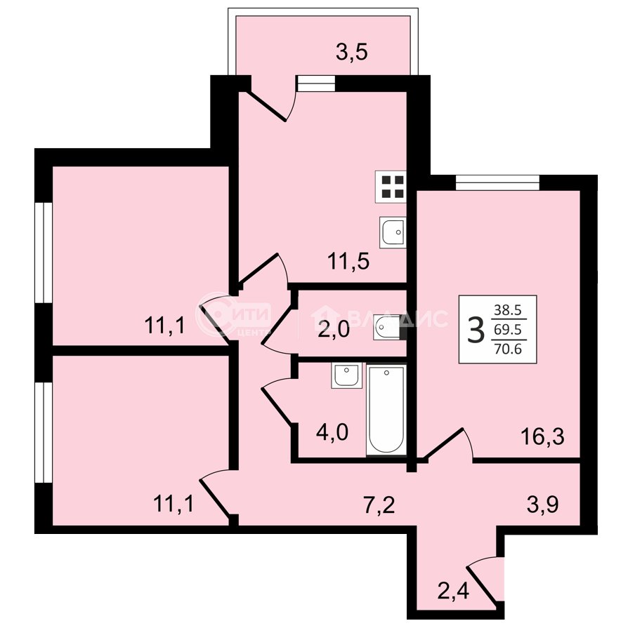 3-комнатная квартира, 70.6 м2