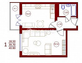 1-комнатная квартира, 40.9 м2
