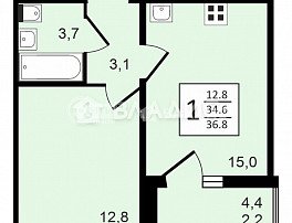 1-комнатная квартира, 36.8 м2