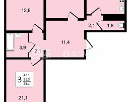 3-комнатная квартира, 83.1 м2
