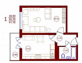 1-комнатная квартира, 41.7 м2