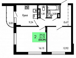 2-комнатная квартира, 53.29 м2