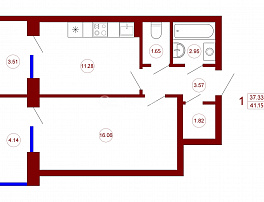 1-комнатная квартира, 41.15 м2