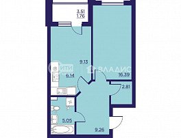 1-комнатная квартира, 50.54 м2