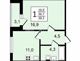 1-комнатная квартира, 38.3 м2