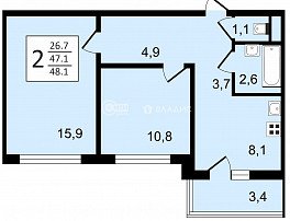 2-комнатная квартира, 48.1 м2