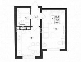 1-комнатная квартира, 40.1 м2