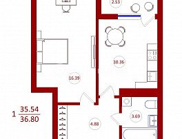 1-комнатная квартира, 36.8 м2