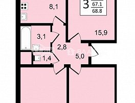 3-комнатная квартира, 68.8 м2