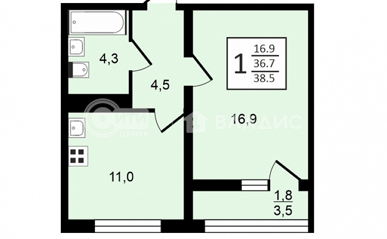 1-комнатная квартира, 38.4 м2, эт. 17, id: 948098, фото 9