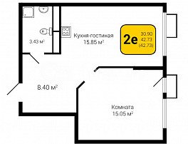 1-комнатная квартира, 42.73 м2