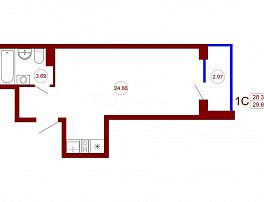 1-комнатная квартира, 29.83 м2