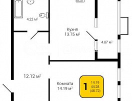1-комнатная квартира, 46.72 м2