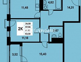 2-комнатная квартира, 61.82 м2
