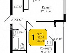 1-комнатная квартира, 33.76 м2