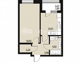 1-комнатная квартира, 43.68 м2