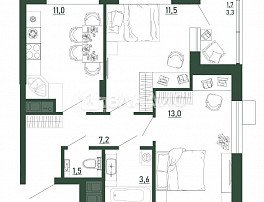 2-комнатная квартира, 49.5 м2
