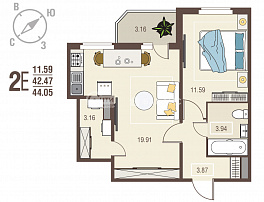 1-комнатная квартира, 44.05 м2
