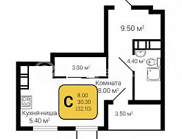 1-комнатная квартира, 32.1 м2