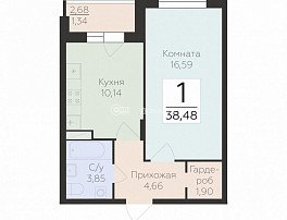 1-комнатная квартира, 38.48 м2
