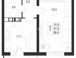 1-комнатная квартира, 38.5 м2