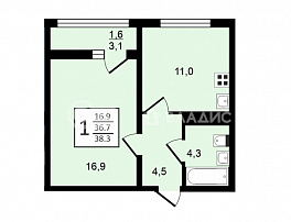 1-комнатная квартира, 38.3 м2