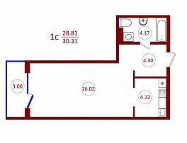 1-комнатная квартира, 30.31 м2