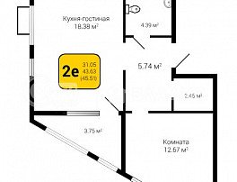 1-комнатная квартира, 45.51 м2