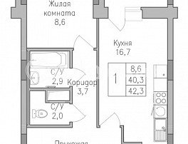 1-комнатная квартира, 43.3 м2