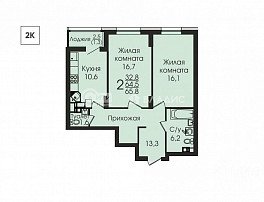 1-комнатная квартира, 64.8 м2