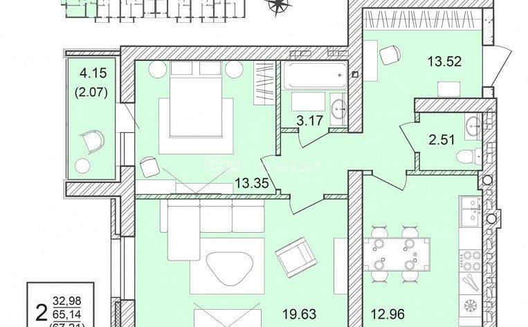 2-комнатная квартира, 67.21 м2, эт. 2, id: 1125540, фото 9